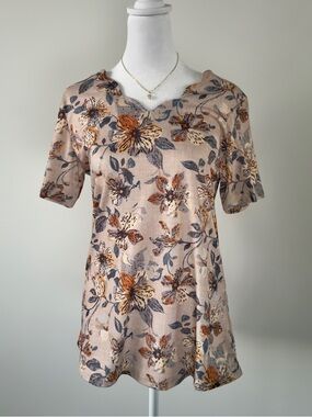 Apricot Floral Tunic Blouse Short Sleeve V-Neck Dressy Casual Top